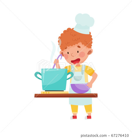 Little Boy Character in Hat and Apron Standing at Kitchen and Cooking Soup Vector Illustration Little Boy Character in Hat and Apron Standing at Kitchen and Cooking Soup Vector Illustration 67276410