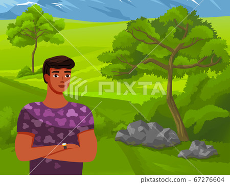 Young man stands in a green forest on the background of high mountains. Travel concept illustration 67276604