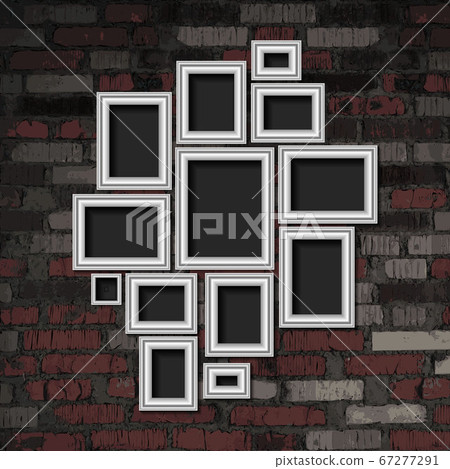 A set of silver photo frames against an old brick wall. Vector illustration 67277291