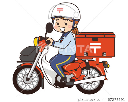 Postman woman delivering by post on motorcycle Postman woman delivering by post on motorcycle 67277391