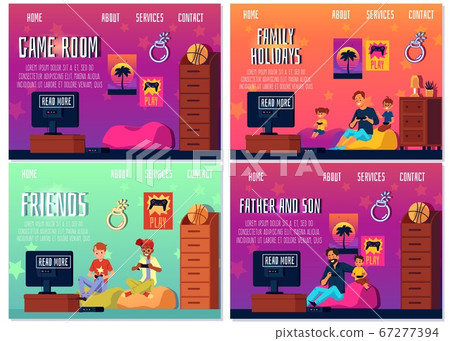 Set of website pages with people playing video games flat vector illustration. 67277394