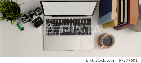 Simple worktable with mock-up laptop, coffee cup, Simple worktable with mock-up laptop, coffee cup, 67277601