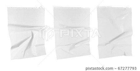 White bad glued paper realistic vector illustration. Set of wet wrinkled and creased paper sheets with crumpled texture, blank posters glued to street wall or advertising column, mock up for design 67277793