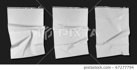White bad glued paper realistic vector illustration. Set of wet wrinkled and creased paper sheets with crumpled texture, blank posters glued to street wall or advertising column, mock up for design White bad glued paper realistic vector illustration. Set of wet wrinkled and creased paper sheets with crumpled texture, blank posters glued to street wall or advertising column, mock up for design 67277794