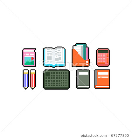 Pixel art book and stationery icon design set. 67277890