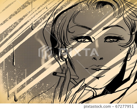 一個美麗的女人,穿著美國漫畫圍巾,香煙和雨 一個美麗的女人,穿著美國漫畫圍巾,香煙和雨 67277951