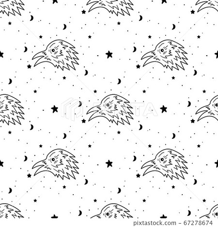 Seamless Pattern Mystical raven with moon and stars. Stars,\
constellations, moon.