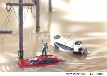 Diorama of flooded towns and people seeking help 67279088