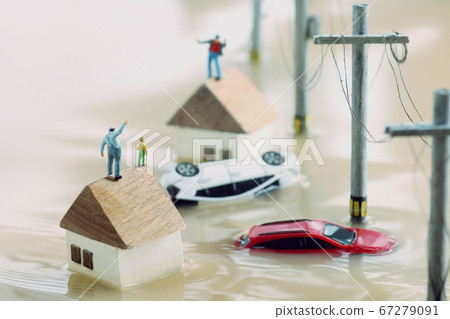 Diorama of flooded towns and people seeking help 67279091