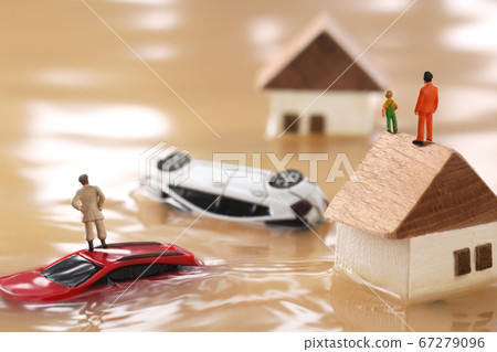 Diorama of flooded towns and people seeking help 67279096