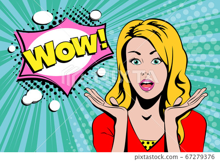 Wow blond girl face with speech bubble 67279376