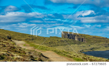 Sorvagsvatn lake, bench and huge cliffs over the ocean Sorvagsvatn lake, bench and huge cliffs over the ocean 67279605
