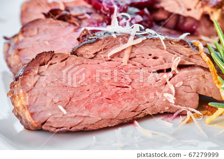 Sliced baked beef with french fries, sauce, Sliced baked beef with french fries, sauce, 67279999