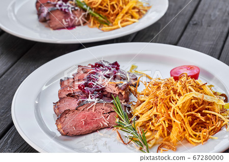 Sliced baked beef with french fries, sauce, Sliced baked beef with french fries, sauce, 67280000