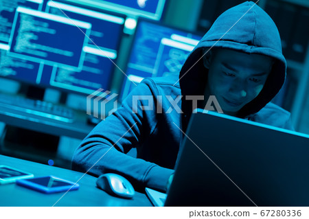 Asian male hacker use laptop Asian male hacker use laptop 67280336