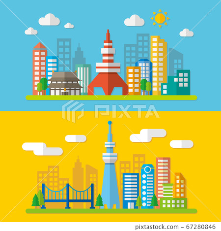 Tokyo Tower and Sky Tree cityscape material illustration 67280846