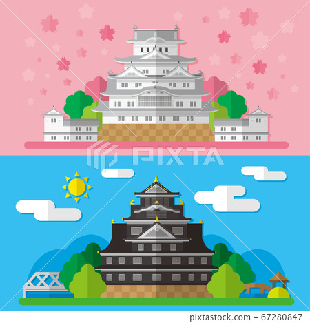 Material illustrations of Japanese castles Himeji Castle and Okayama Castle 67280847