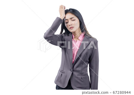 Asian businesswoman with headache expression 67280944
