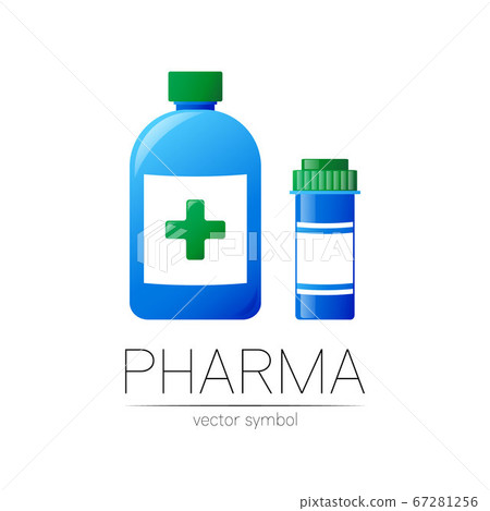 Pharmacy vector symbol with 2 blue pill bottles and cross for pharmacist, pharma store, doctor and medicine. Modern design vector logo on white background. Pharmaceutical icon logotype . Human health Pharmacy vector symbol with 2 blue pill bottles and cross for pharmacist, pharma store, doctor and medicine. Modern design vector logo on white background. Pharmaceutical icon logotype . Human health 67281256