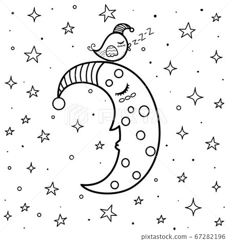 Coloring page with cute sleeping moon and a bird 67282196
