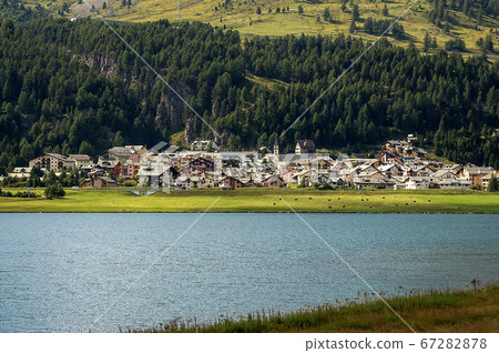 Silvaplana village and lake in Swiss Alps - Maloja region Switzerland Silvaplana village and lake in Swiss Alps - Maloja region Switzerland 67282878