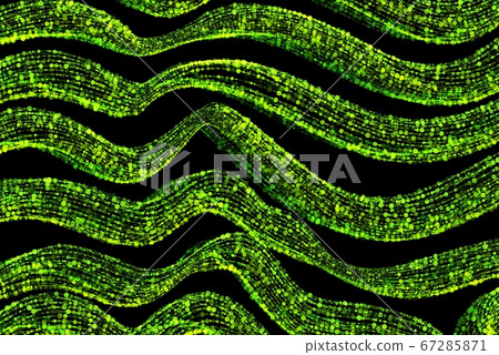 Abstract Background full of glowing green wavy lines composed of particles flying on a black space. Overlay layer for your design 67285871