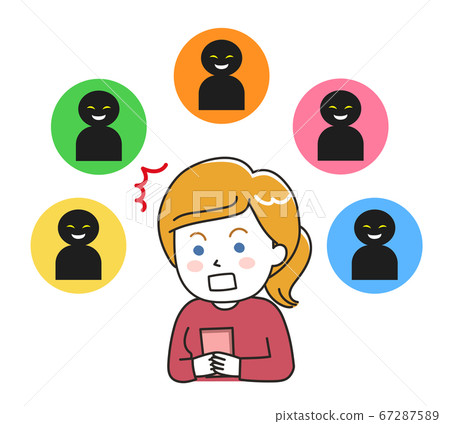 在網上被誹謗感到驚訝的白種女人的插圖 67287589