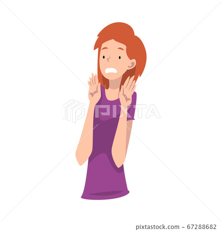 Young girl in a purple shirt refuses something. Vector illustration. 67288682