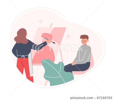 Young Woman Painting Portrait of Man Sitting in Front of Easel. Creative Hobby, Art Flat Style Vector Illustration 67288783