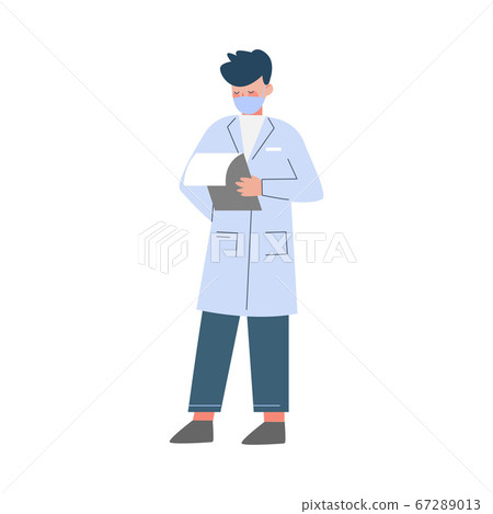Scientist or Doctor Character, Man in White Coat and Medical Face Mask Doing Professional Researchers Flat Style Vector Illustration 67289013