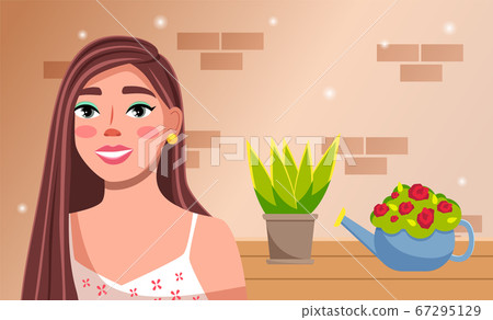 Young pretty girl is standing near a table with home plants in flower pots against a brick wall 67295129