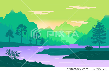 Natural landscape background with mountains, clear sky and the river flows along the forest shores Natural landscape background with mountains, clear sky and the river flows along the forest shores 67295172
