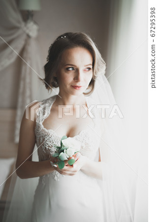 Gorgeous bride in robe posing and preparing for the wedding ceremony face in a room Gorgeous bride in robe posing and preparing for the wedding ceremony face in a room 67295398