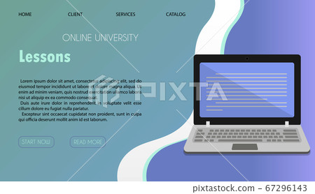 Vector illustration of a website for distance learning, online education and work. A flat illustration of the main page of the mobile app with a stack of books, a Cup of coffee, and a laptop. 67296143