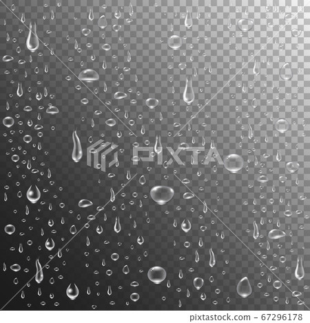 Rain drops or steam shower. Realistic water drops on transparent background. Clear vapor bubbles on window glass surface. Condensed pure droplets. Vector illustration 67296178
