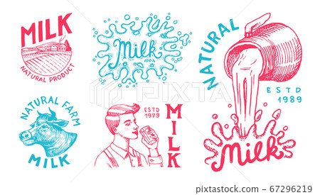 Milk set. Cow and woman farmer, milkmaid and jug, blot and bottles, packaging and meadow, man holds 67296219