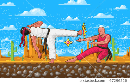 Japanese Karate. Pixel art 8 bit characters objects. Fight or Battle in the game concept. Desert 67296226
