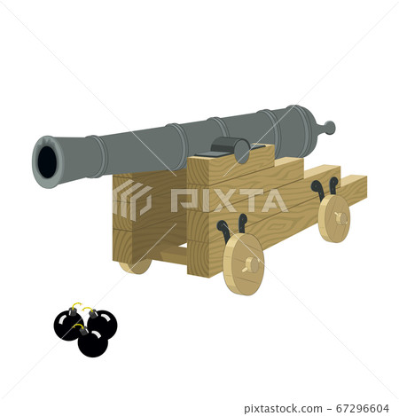 Antique pirate sea gun on a wooden carriage with cannonbals on a white background Antique pirate sea gun on a wooden carriage with cannonbals on a white background 67296604