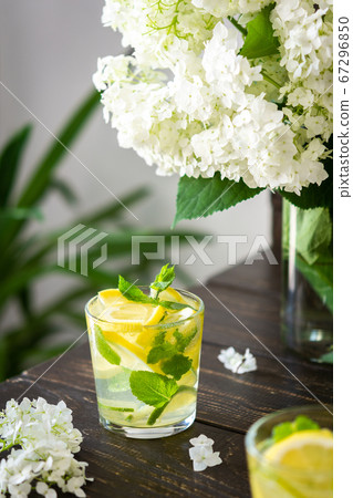 Cold cocktail with lemon, lime and mint 67296850
