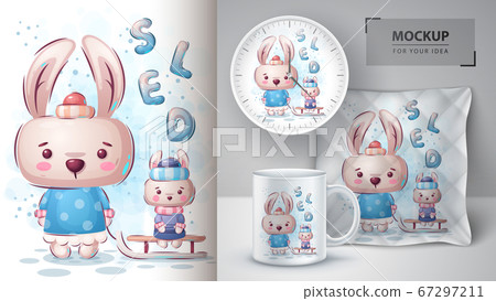 Rabbit sledding poster and merchandising. Rabbit sledding poster and merchandising. 67297211