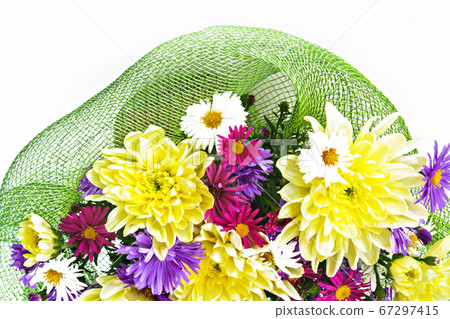 bouquet with chrysanthemums and asters on a white background close-up bouquet with chrysanthemums and asters on a white background close-up 67297415
