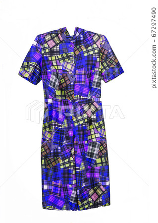 Elegant midi dress with abstract geometric colored pattern, isolated on white background.Photo on 67297490