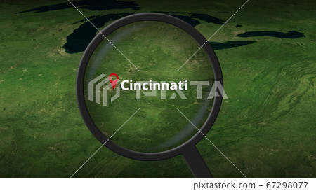 Magnifying glass finds Cincinnati city on the map, 3d rendering 67298077