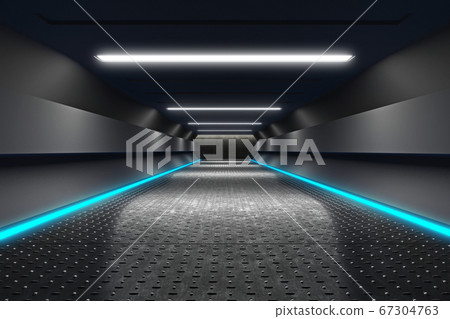 Futuristic Corridor with Neon Fluorescence Lights. 67304763