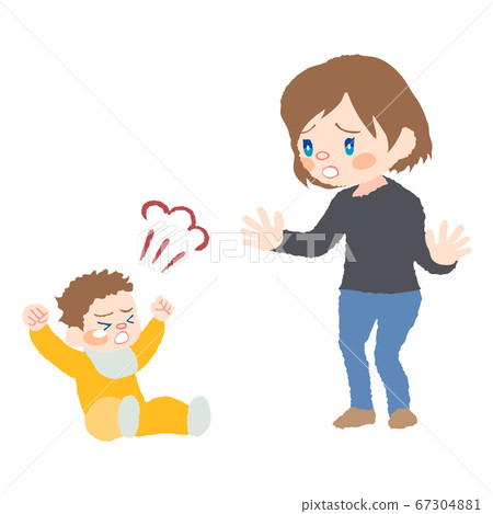 Illustration of a baby (developmental disorder) and mum with tantrum 67304881