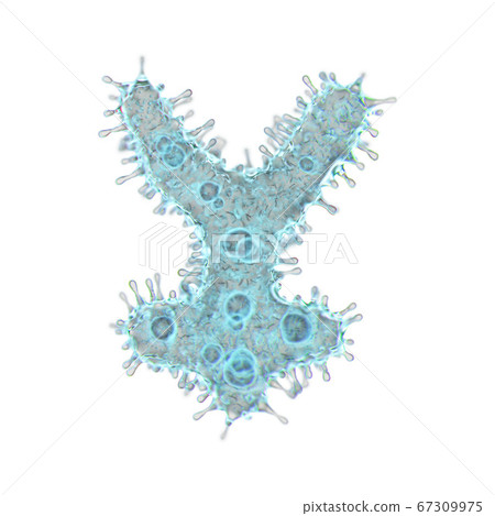Alphabet made of virus isolated on white background. Symbol yen. 3d rendering. Covid font, virus font, 3d Alphabet made of virus isolated on white background. Symbol yen. 3d rendering. Covid font, virus font, 3d 67309975