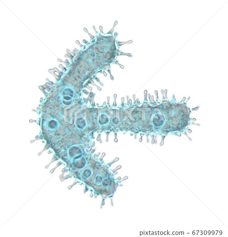 Alphabet made of virus isolated on white background. Symbol left arrow. 3d rendering. Covid font, virus font, 3d 67309979