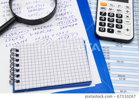business office desk closeup - financial reports, 67310267