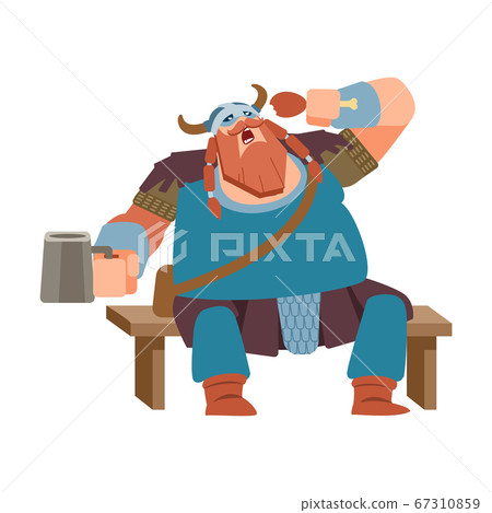 Viking character. Warrior eating and drinking with pleasure. Medieval norwegian warrior military people vector cartoon mascot. Flat style. Viking character. Warrior eating and drinking with pleasure. Medieval norwegian warrior military people vector cartoon mascot. Flat style. 67310859