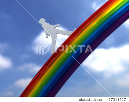 A CG illustration of the silhouettes of men and women crossing a rainbow bridge toward a bright future A CG illustration of the silhouettes of men and women crossing a rainbow bridge toward a bright future 67311227